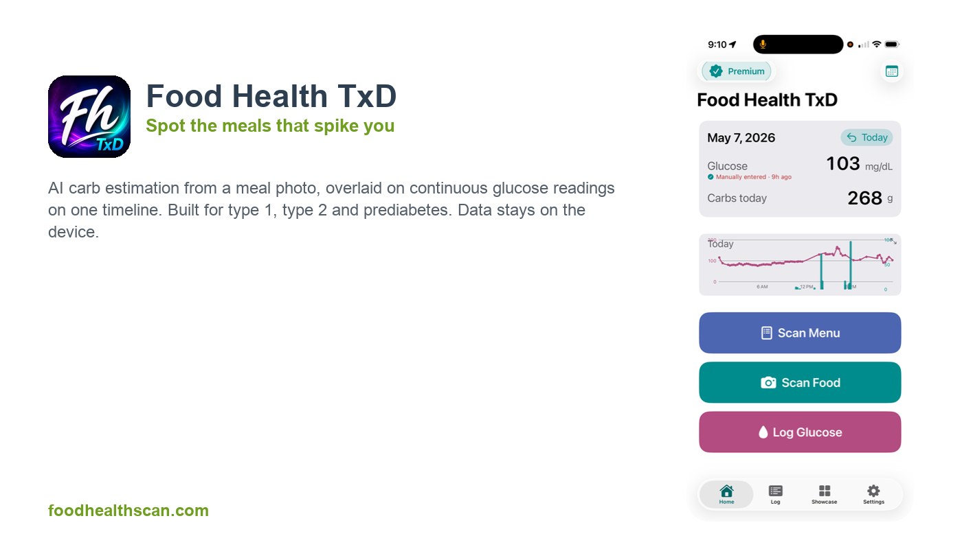 Food Health TxD: AI carb estimates from a meal photo overlaid on continuous glucose readings on one timeline, to spot the meals that spike you