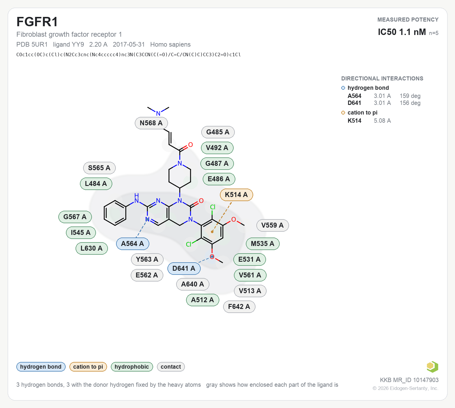 Contact map for FGFR1 with ligand YY9 from PDB entry 5UR1, IC50 1.1 nM in the Kinase Knowledgebase, showing the measured interactions on the flat structure