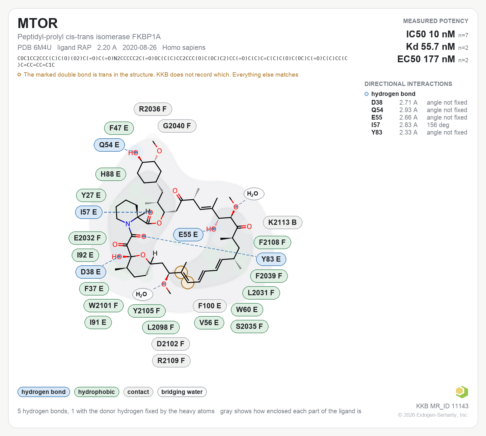 Contact map for MTOR with ligand RAP from PDB entry 6M4U, IC50 10 nM in the Kinase Knowledgebase, showing the measured interactions on the flat structure
