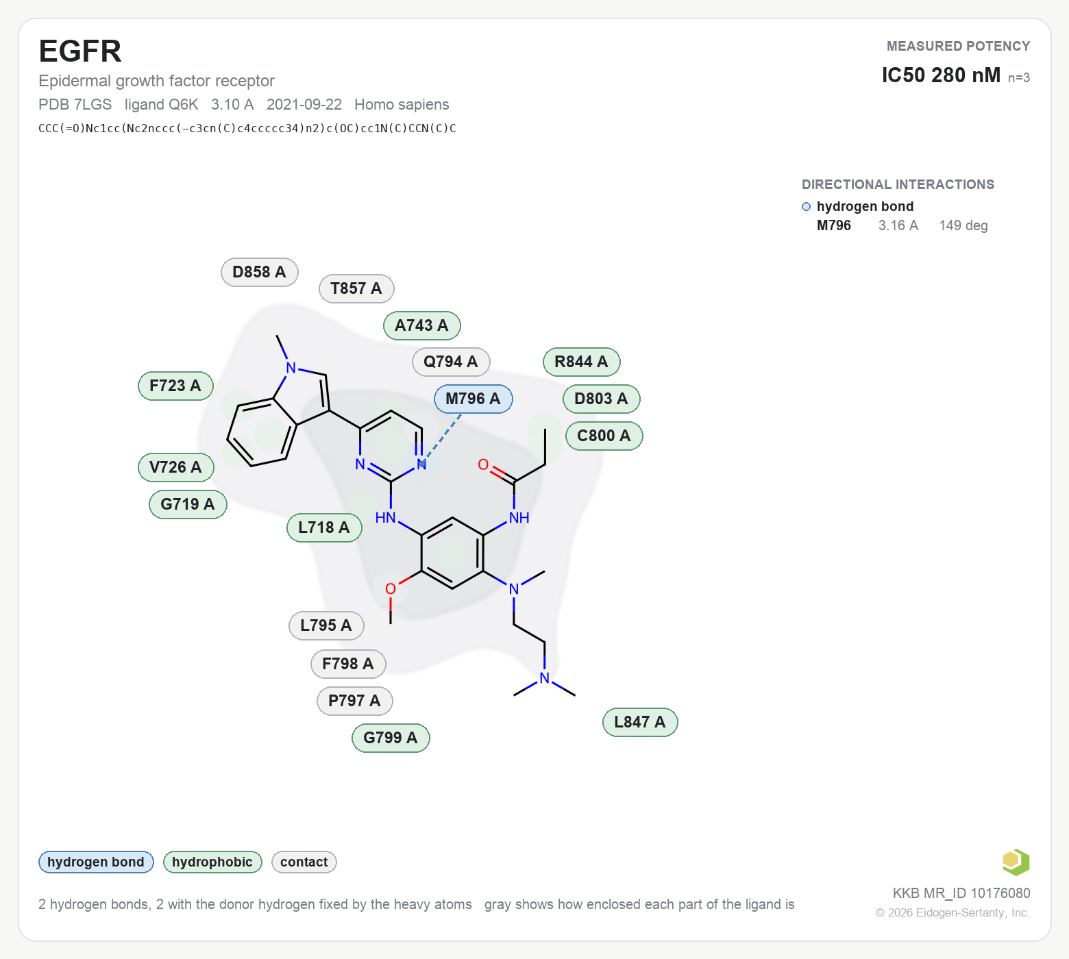 Contact map for EGFR with ligand Q6K from PDB entry 7LGS, IC50 280 nM in the Kinase Knowledgebase, showing the measured interactions on the flat structure